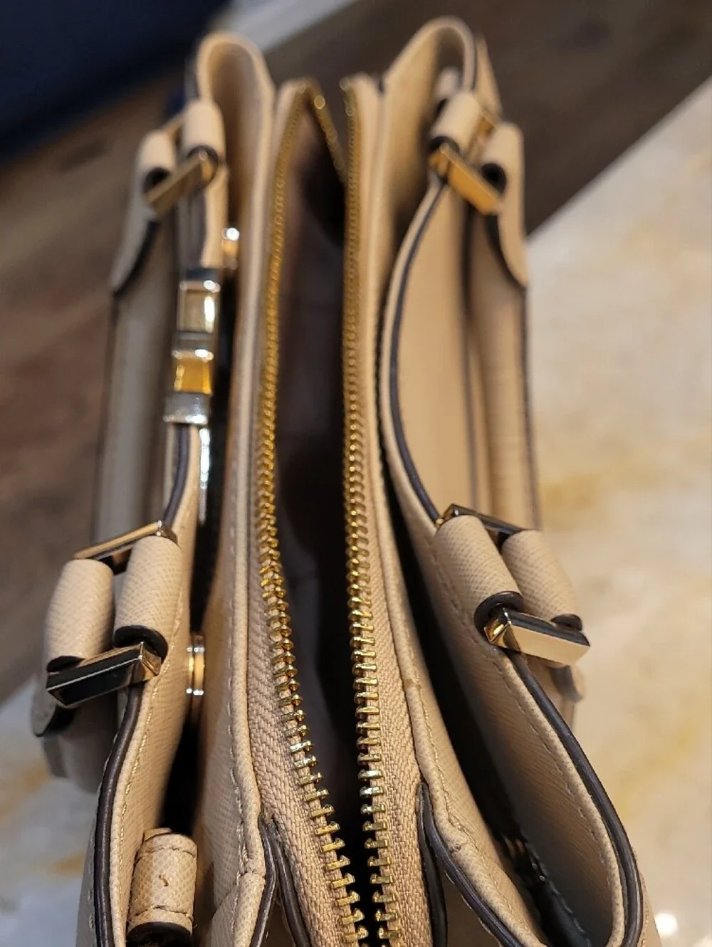 Michael Kors Taupe Saffiano Leather Satchel with Gold Hardware